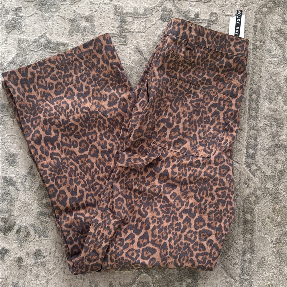 Noisy May Leopard Print Pants High Rise Straight Leg Brown Animal Print Trousers - Picture 5 of 6